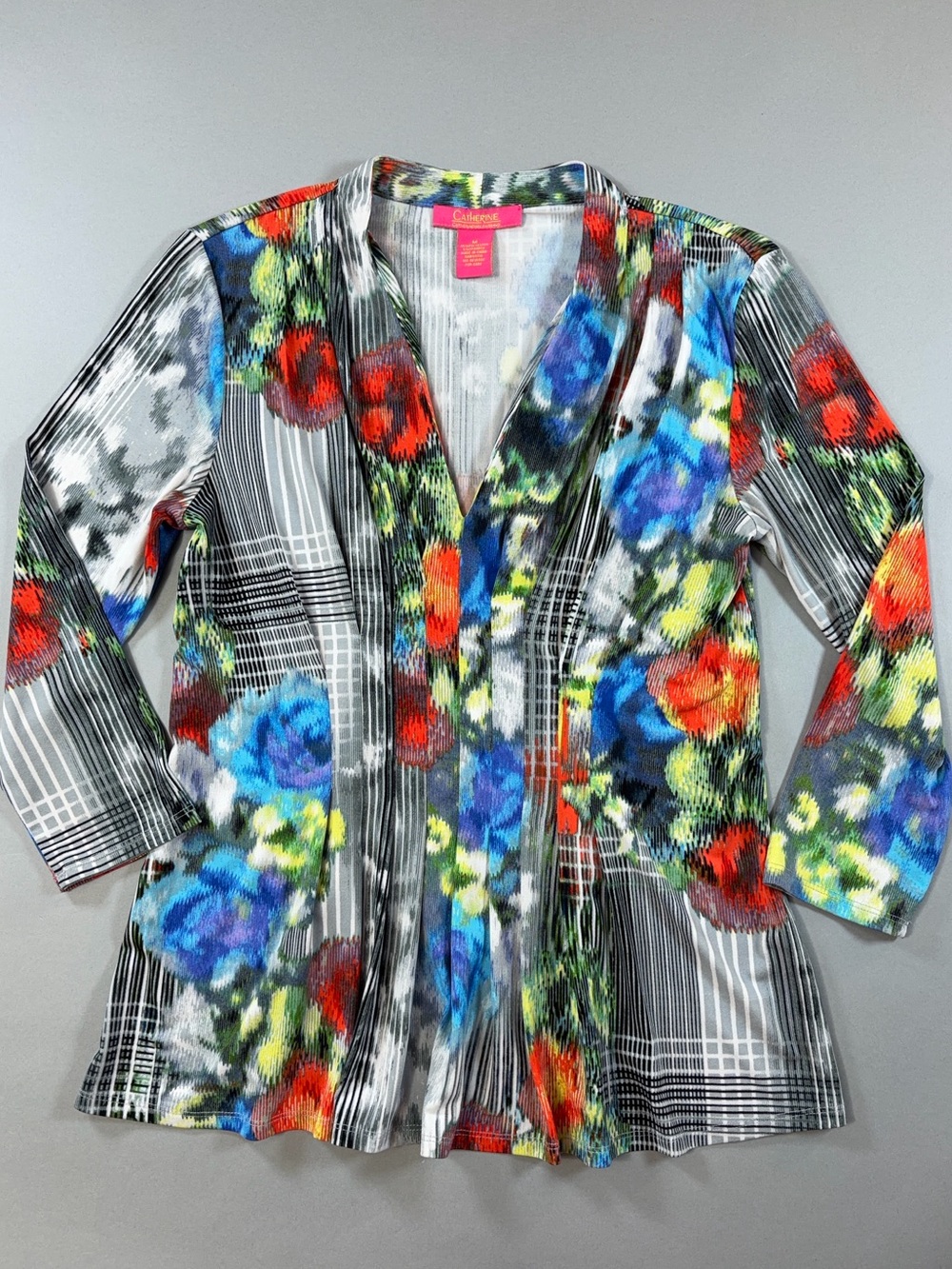 Catherine Malandrino Floral Geometric Tucked Front Stretch Knit Blouse Colorful